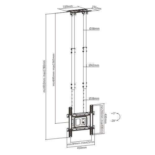VSYS VCM-CE1046D-02 dimension diagram, twin 38mm pole spacing