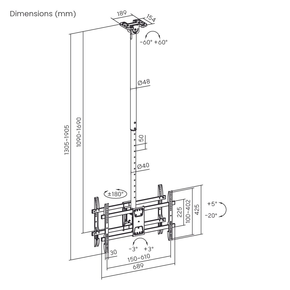 VSYS VCM-CE1546BL back-to-back dual-screen ceiling mount