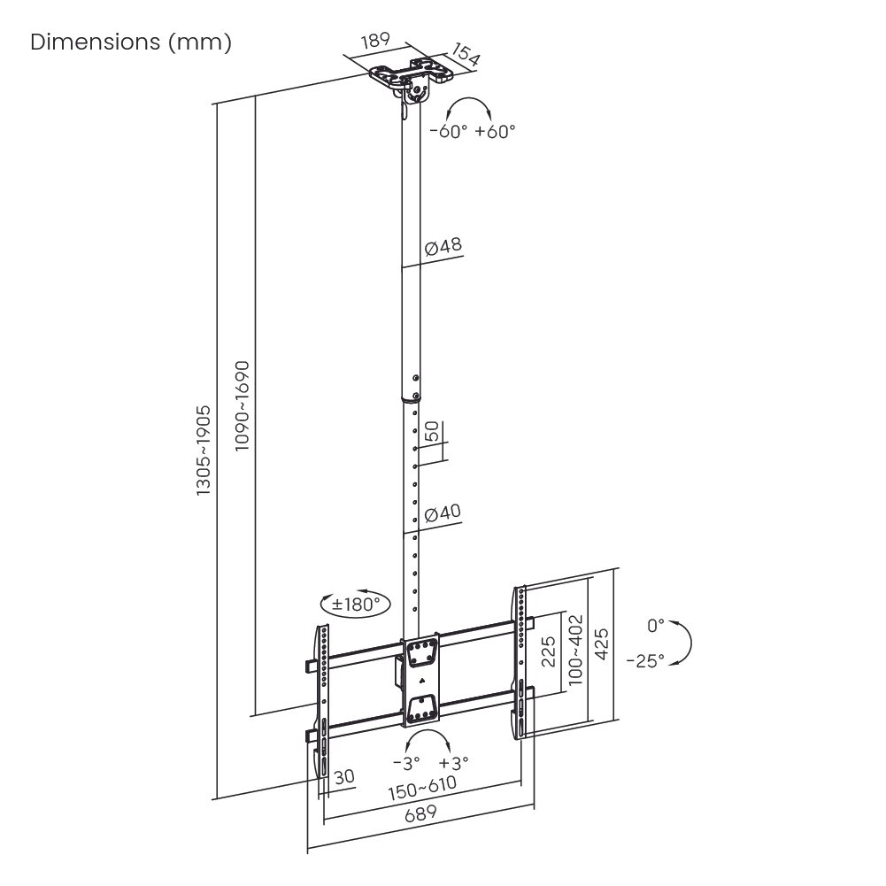 VSYS VCM-CE1546L dimension diagram, 1090 to 1690mm telescoping range, 0 to -25 degree tilt