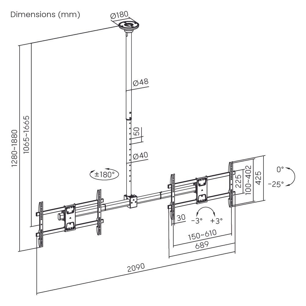 VSYS VCM-CE1546SL dimension diagram, 2090mm overall width, 1065 to 1665mm pole range