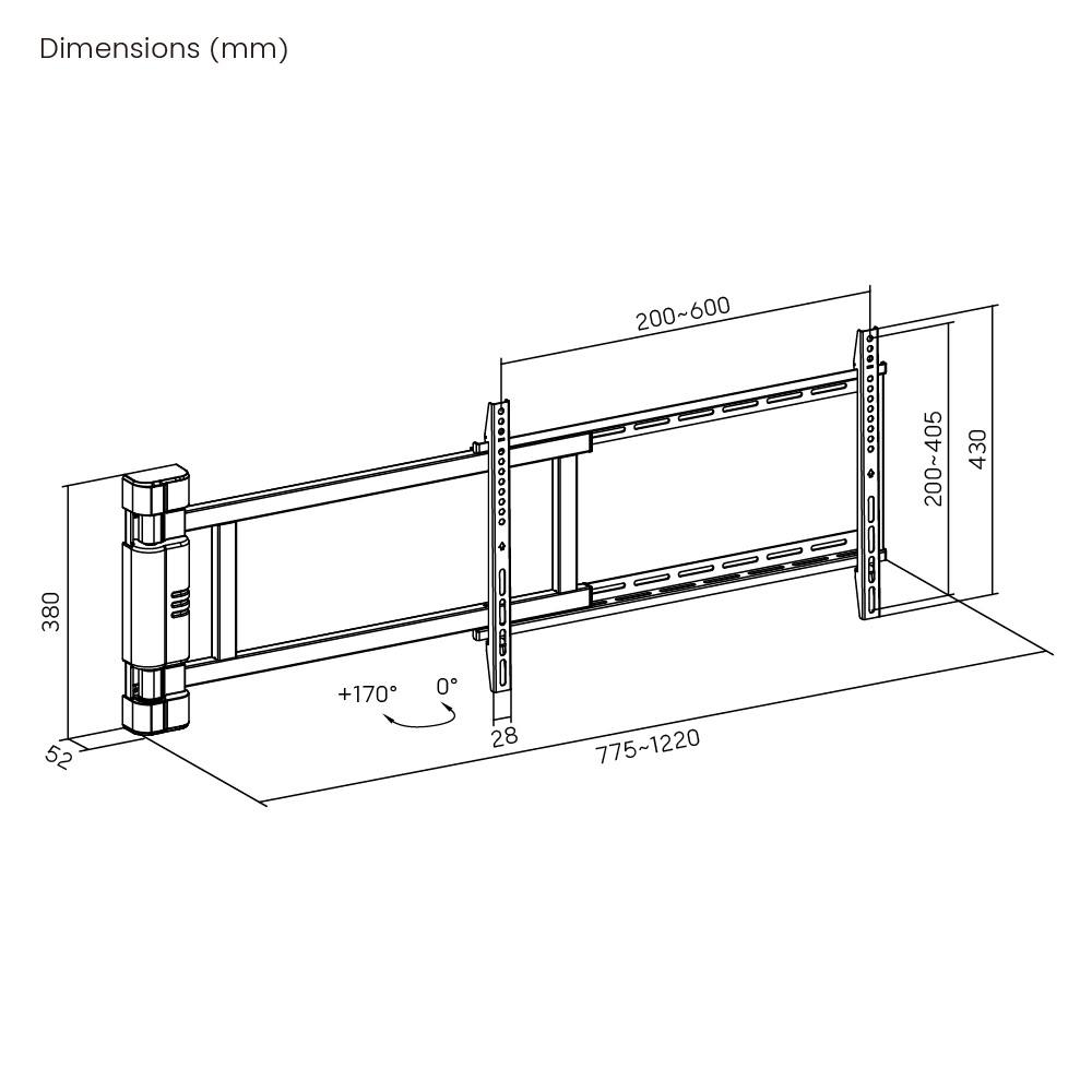 VSYS VCM-M06 dimension diagram, 775 to 1220mm extension, 0 to 170 degree swing