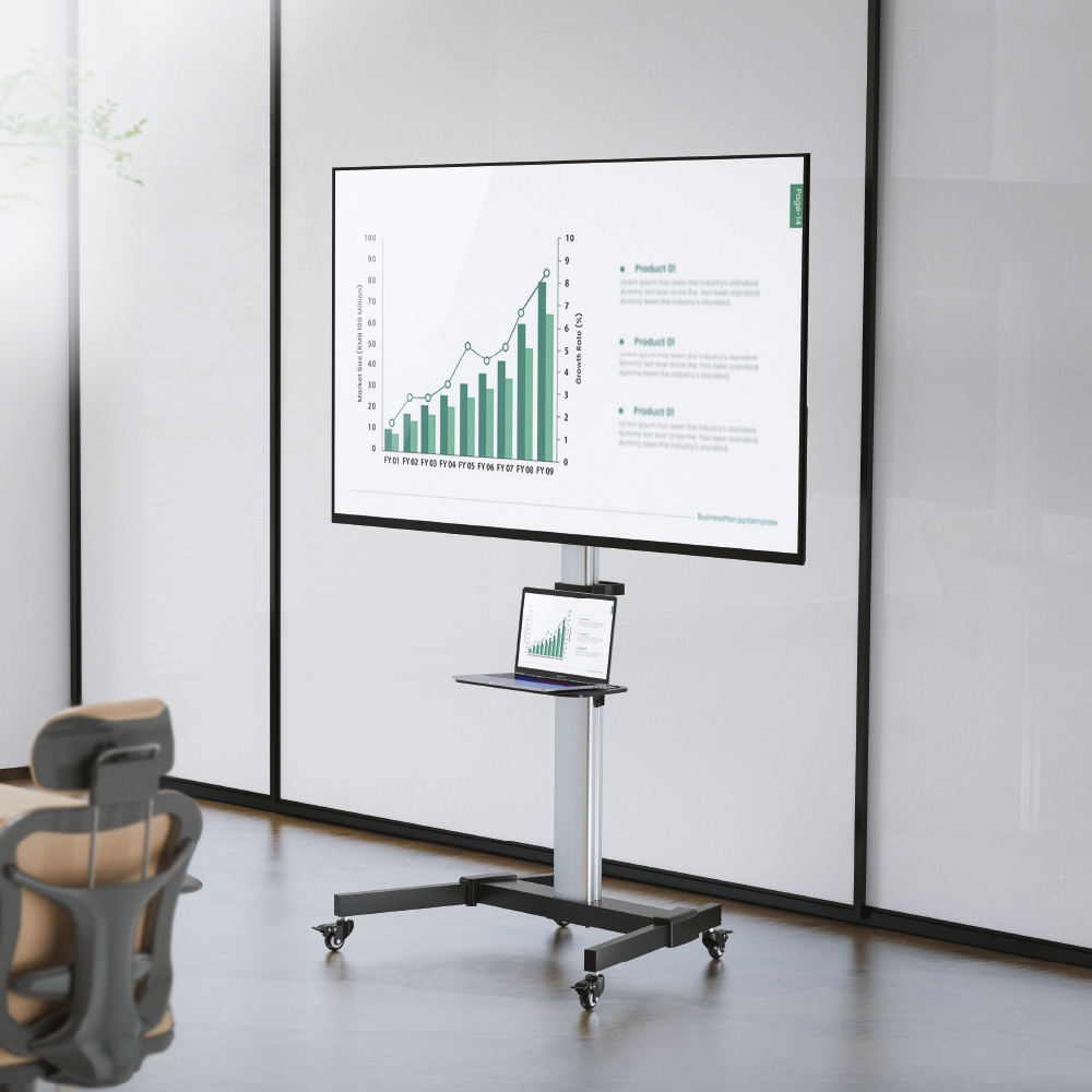 VSYS VFS44-46TW mobile TV cart in a meeting room with laptop shelf