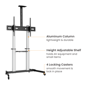VSYS VFS44-610TW aluminum column, height-adjustable shelf, and locking casters detail