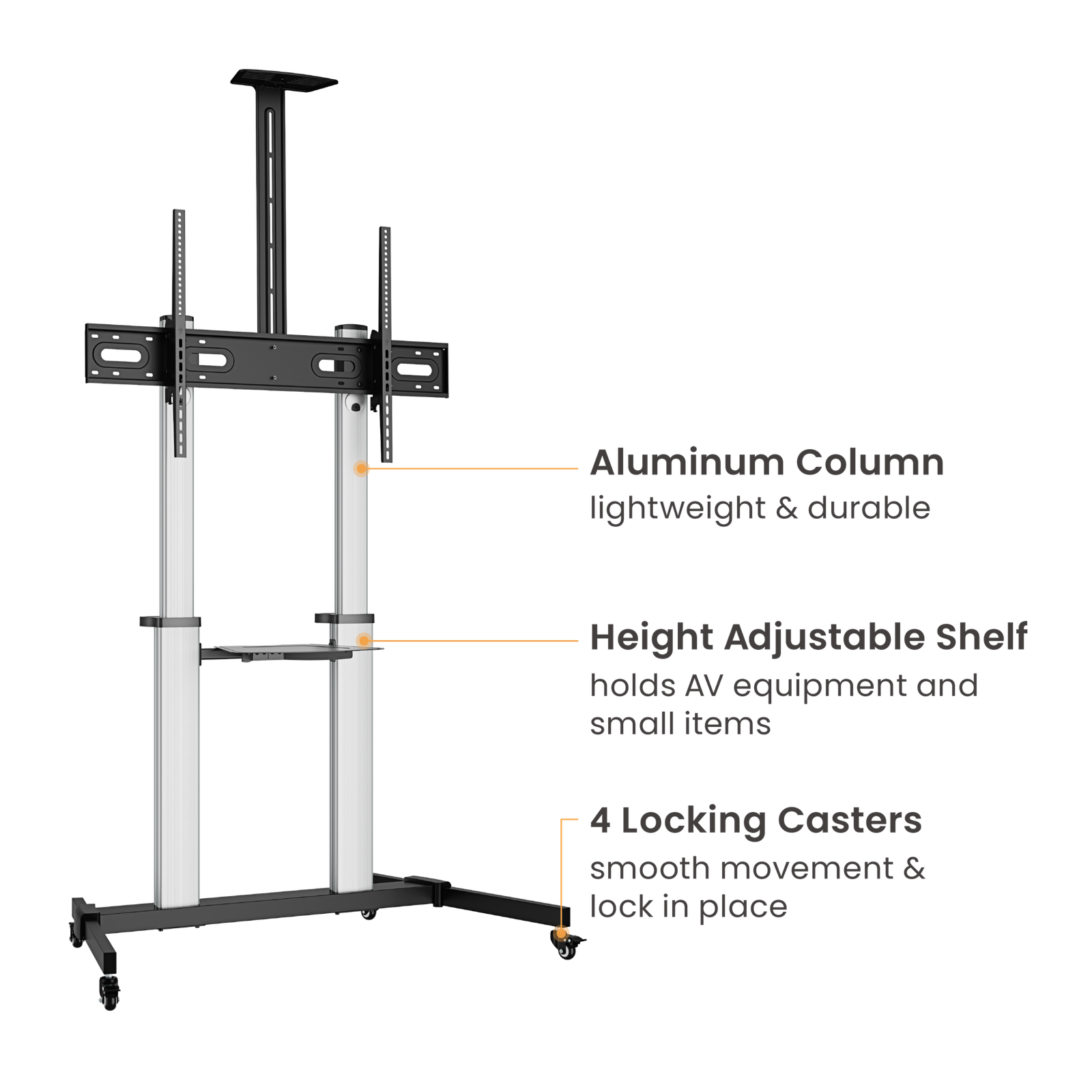 VSYS VFS44-610TW aluminum column, height-adjustable shelf, and locking casters detail