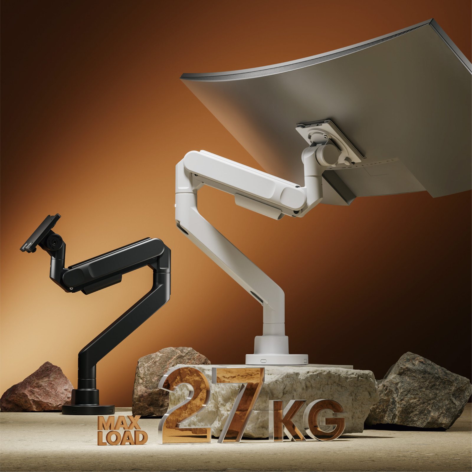 VSYS VMAD-C012WG holding a large curved monitor, 27kg max load rating callout