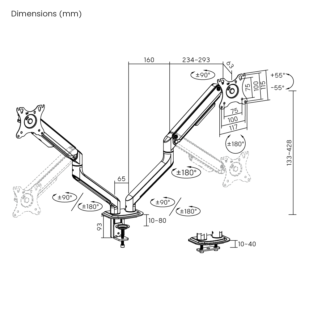 VSYS VMAE-C024WS dimension diagram showing reach, height range, and dual-arm base spacing