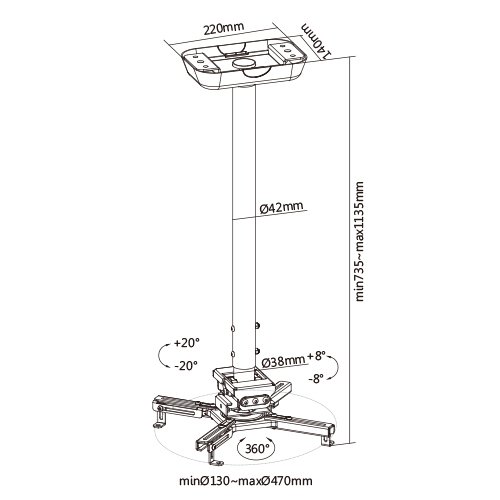 VSYS VPM-20-02L dimension diagram, 735-1135mm extension range