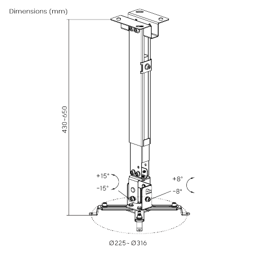 VSYS VPM-2G dimension diagram, 430 to 650mm extension range