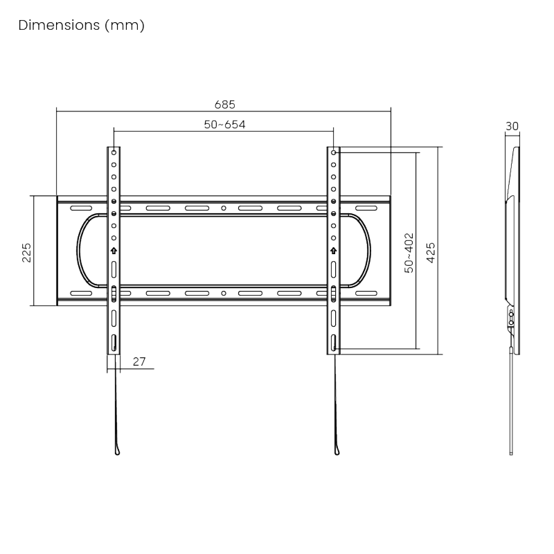 VS01A-46F dimension diagram, 685mm width, 30mm standoff
