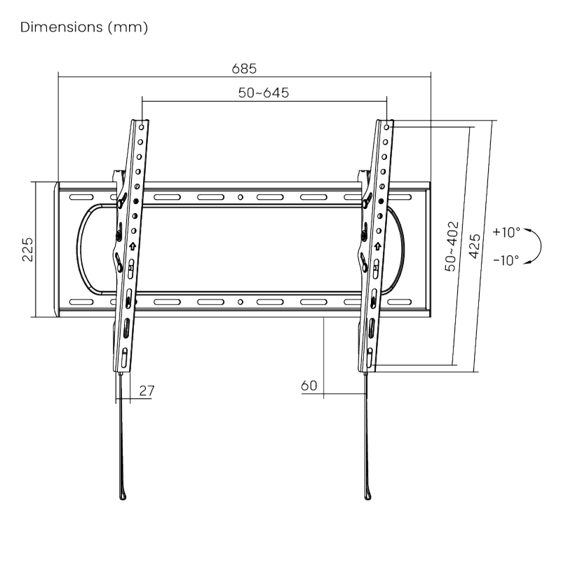 VSYS VS01A-46T dimension diagram, 685mm width, 60mm standoff