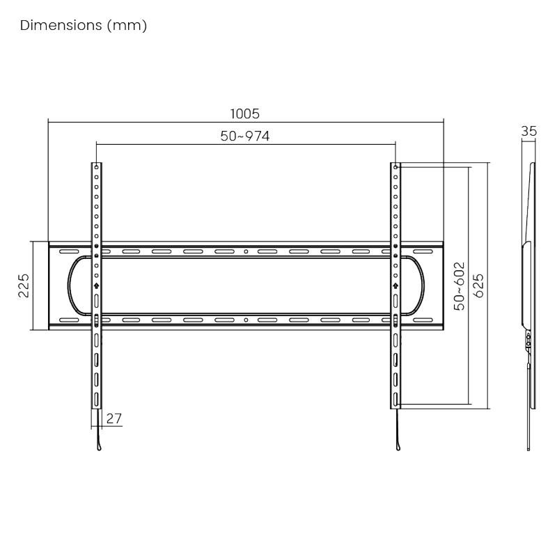 VSYS VS01A-69F dimension diagram, 1005mm width, 35mm standoff