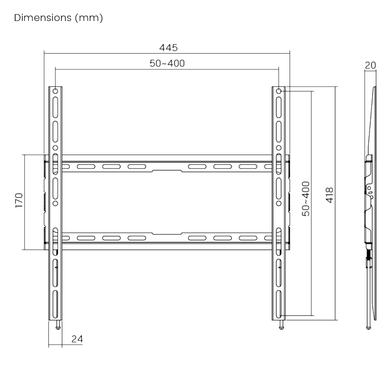 VSYS VS01E-44F dimension diagram, 440mm width, 20mm standoff