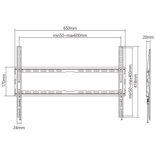 VSYS VS01E-46F dimension diagram, 650mm width, 20mm standoff