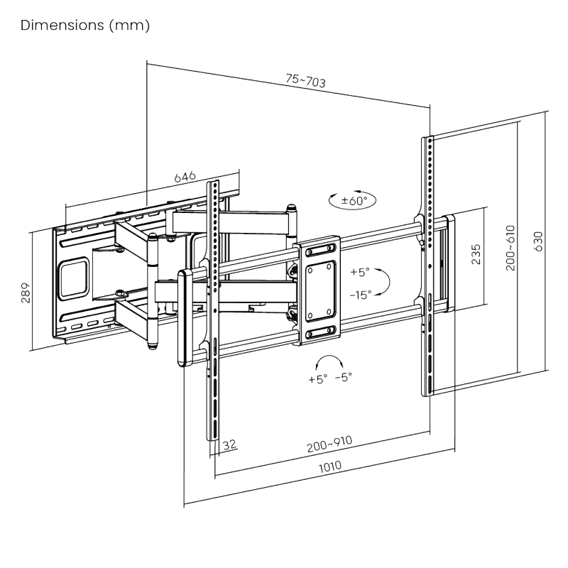 VSYS VS02D-696 dimension diagram, 703mm extension, 1010mm width