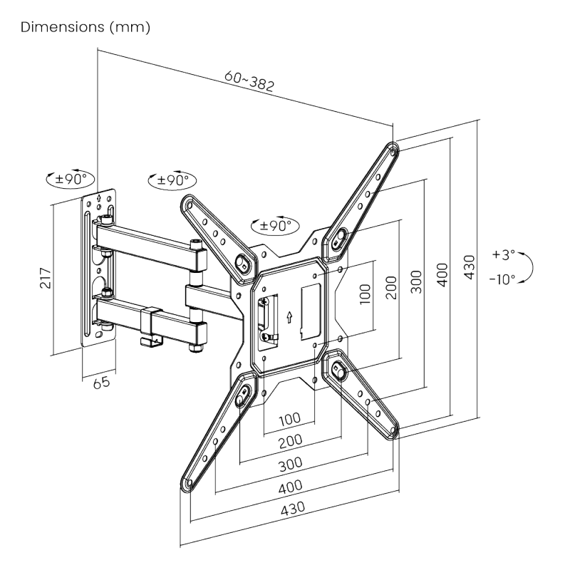 VSYS VS02E-443 dimension diagram, 430mm max width, 60 to 382mm extension