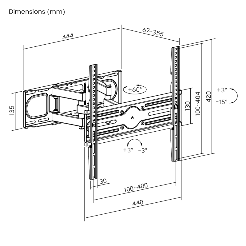 VSYS VS02SE-446 dimension diagram, 444mm width, 67 to 355mm extension