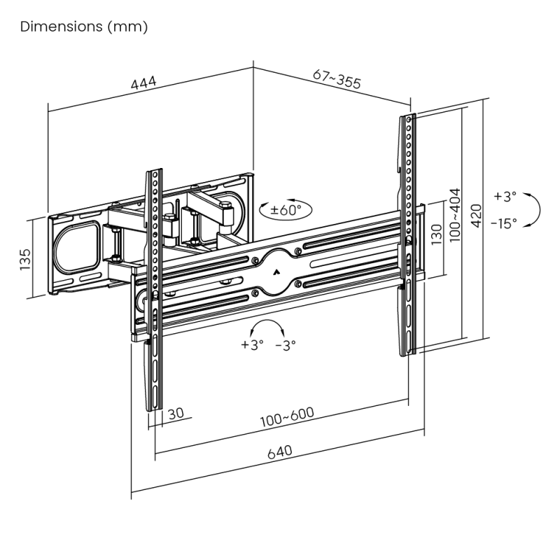 VSYS VS02SE-466 dimension diagram, 640mm width, 67 to 355mm extension