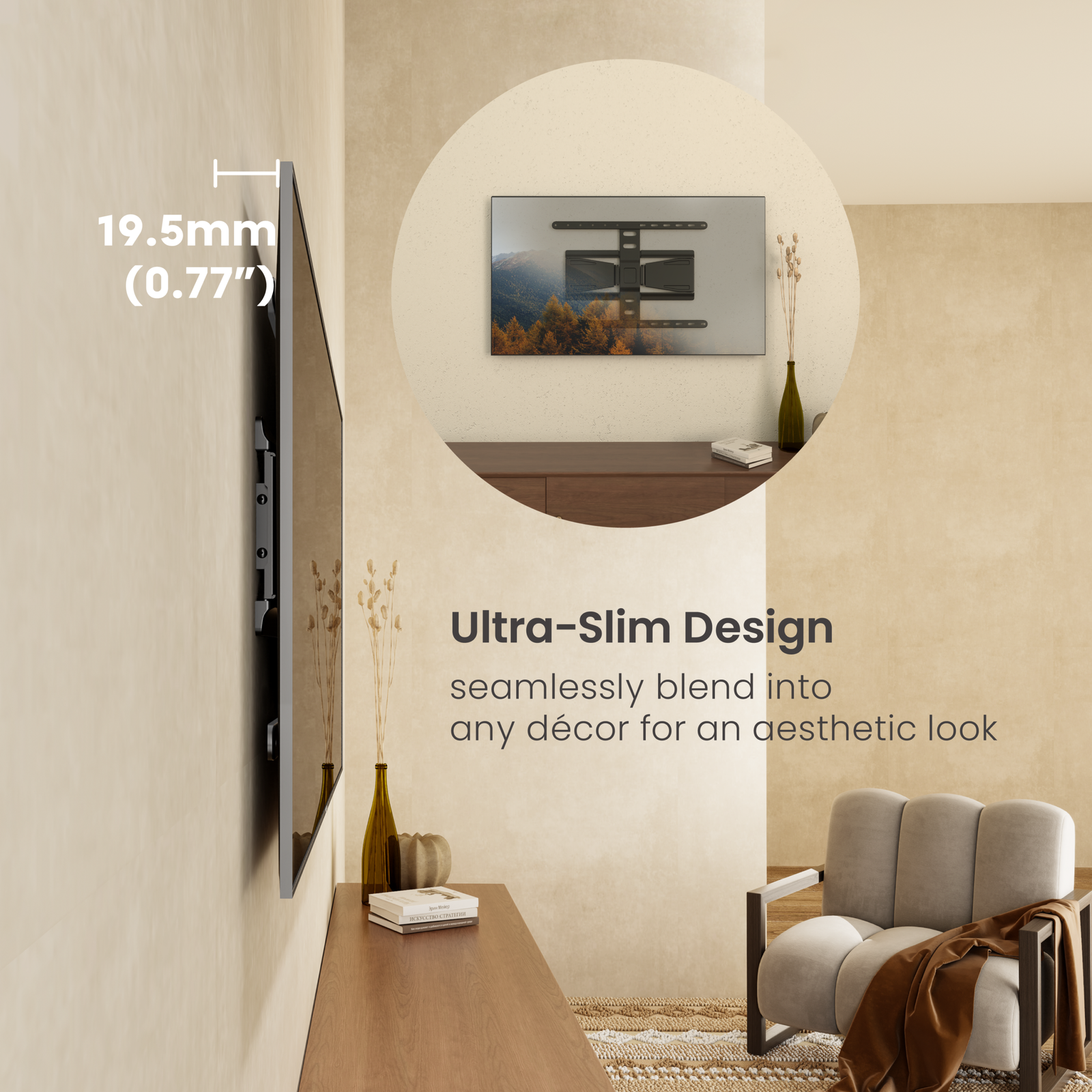 VSYS VS02US-464 mounted in a living room, 19.5mm folded profile
