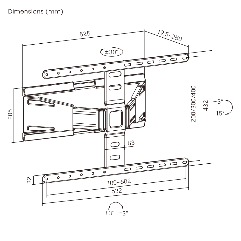 VSYS VS02US-464 dimension diagram, 525mm width, 19.5 to 250mm extension