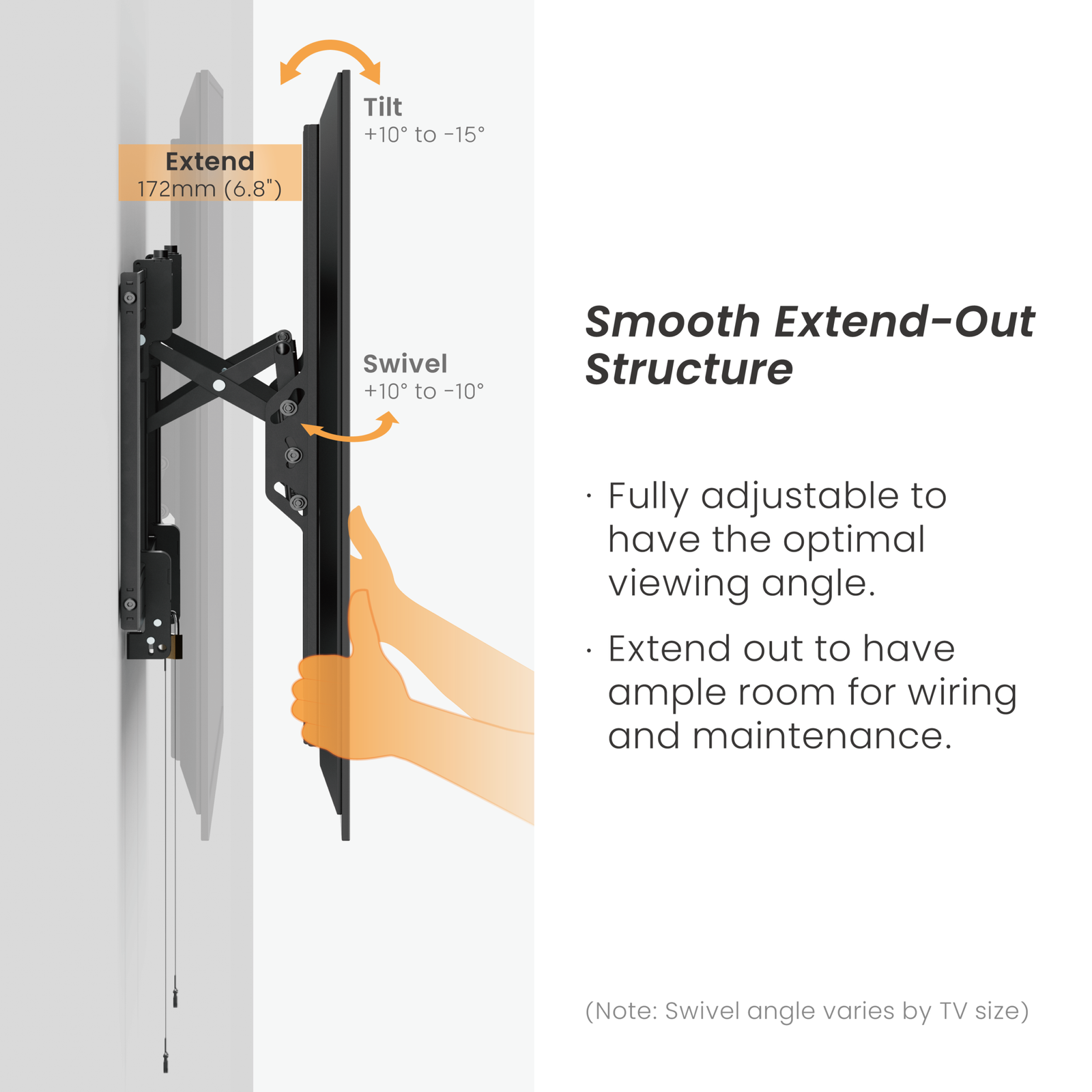 VSYS VS03P-610T extend-out structure showing tilt and swivel range