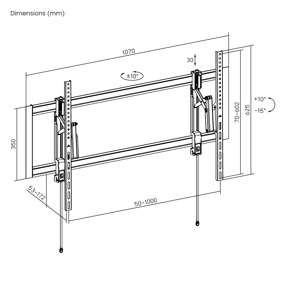 VSYS VS03P-610T dimension diagram, 1070mm width, 53 to 172mm extend range