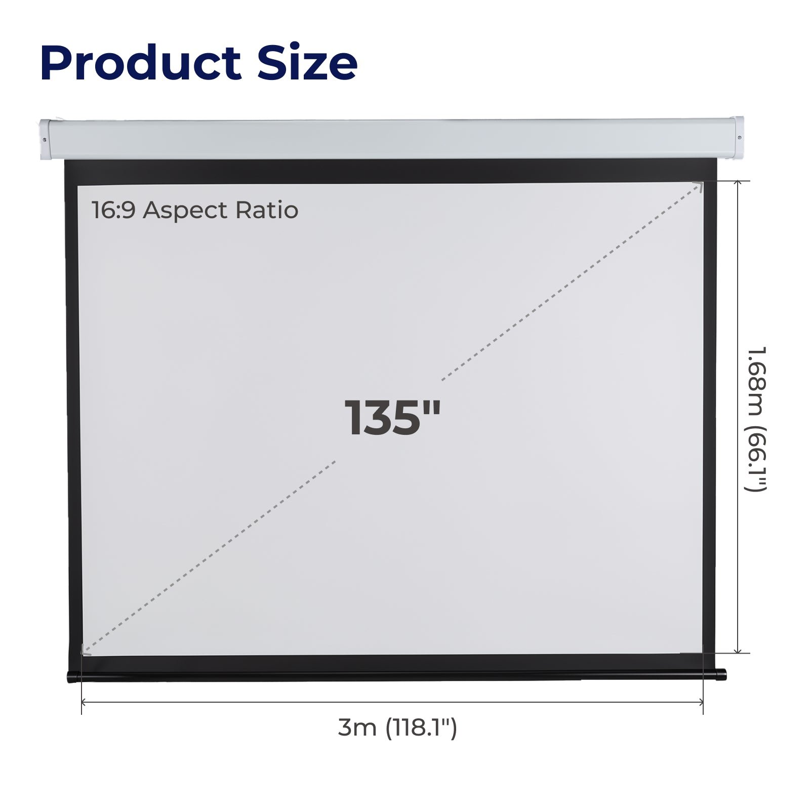 VSYS VSPS135-M 135 inch 16:9 screen dimensions diagram