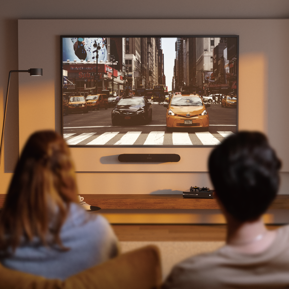 VSYS VSSB-49 mounted soundbar in a living room viewing setup