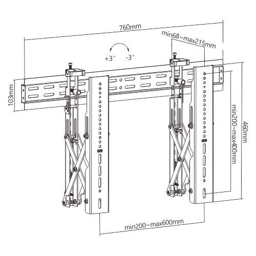 VSYS VSVW02-46T dimension diagram, 760mm width, 68 to 215mm extension