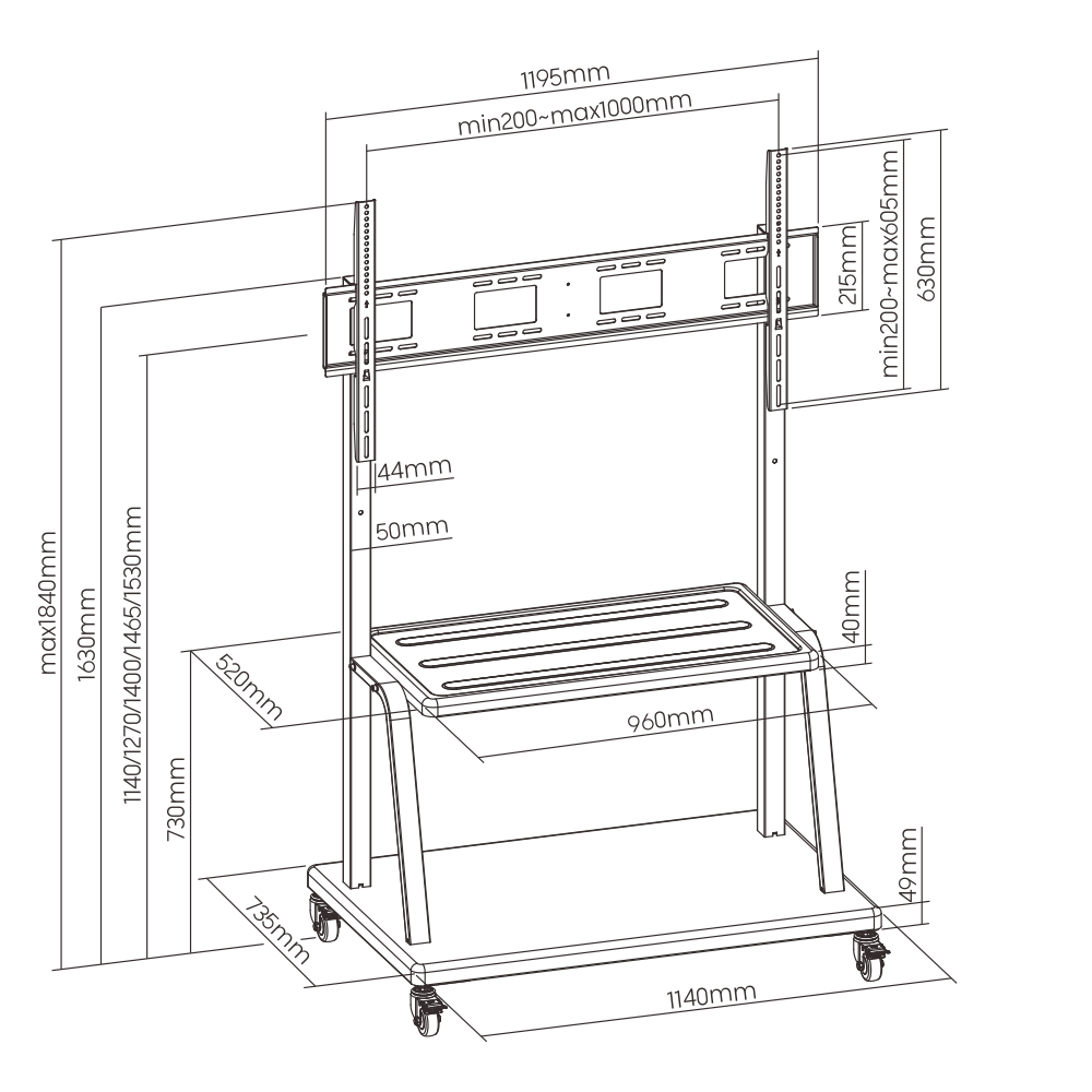 VSYS VTL-1035LE dimension diagram, 1140mm base, 1140-1530mm height positions
