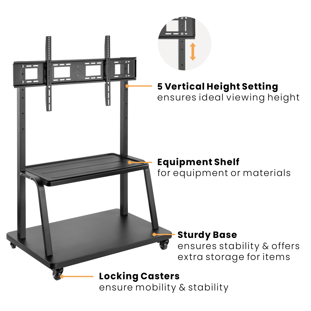 VSYS VTL-1035LE feature callout, 5 height settings, equipment shelf, locking casters