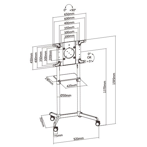 VSYS VTLS11-46TW dimension diagram, 920mm base, VESA pattern