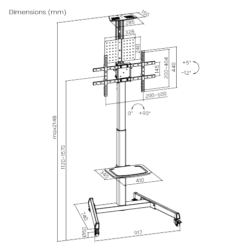 VSYS VTLS17H-46TW dimension diagram, 917mm base, height range