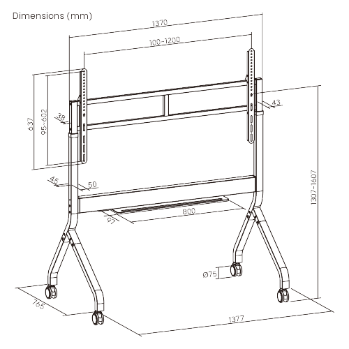 VSYS VTLX16M-612FW dimension diagram, 1377mm base, height range
