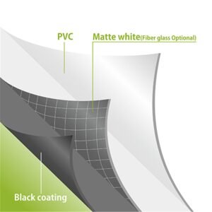 VSYS PEGA 150 screen fabric construction, matte white over PVC with black coating callout