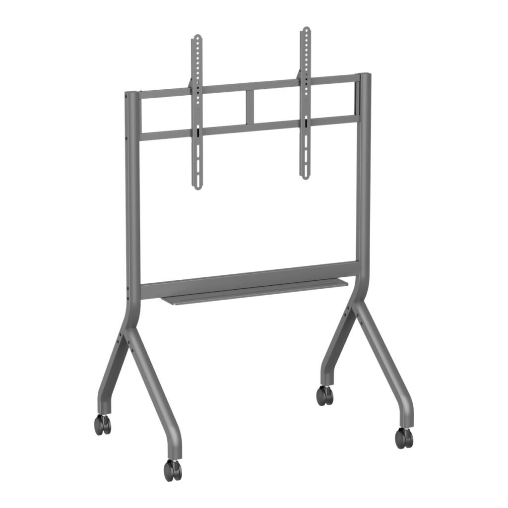 VSYS VTLS16-69FW SlimLift heavy-duty mobile TV cart in gunmetal grey, angled front view