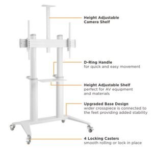 VSYS VTLX12-610TW-B shelf, D-ring handle and lockable casters callout, white version shown