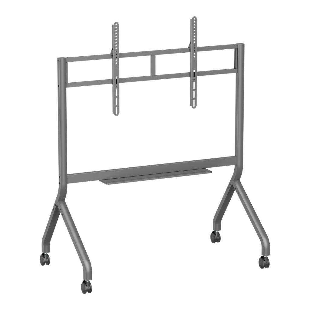 VSYS VTLX16-612FW SlimLift heavy-duty mobile TV cart in gunmetal grey, angled front view