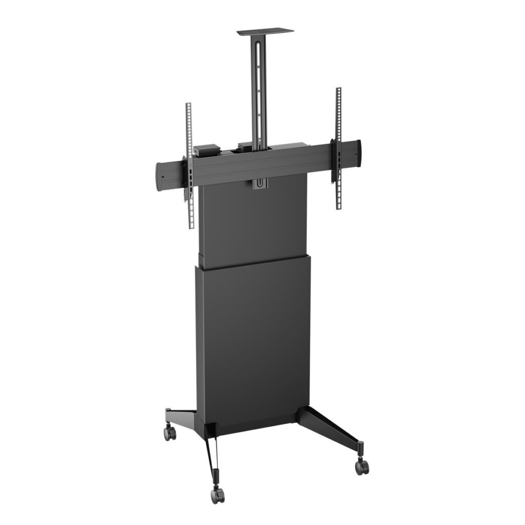 VSYS VTLX18H-610TW-B all-black motorized height-adjustable TV cart, front view