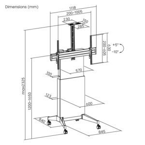 VSYS VTLX18H-610TW-B dimension diagram, 1118mm width and 1520 to 2325mm height